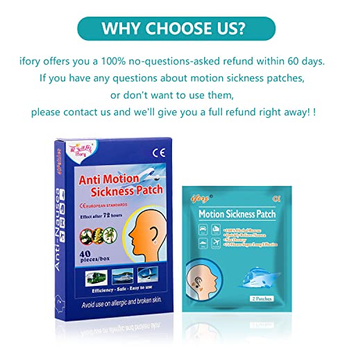 ifory 40 Count Motion Sickness Patches & Sea Sickness Patches for The Relief of Nausea and Vertigo in Adults and Kids from Car Sick, Cruise, Seasick - Behind Ear Non Drowsy