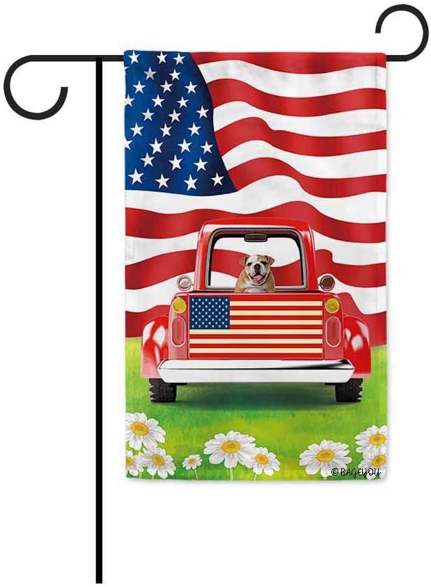 BAGEYOU Retro Red Patriotic Dog Truck Garden Flag English Bulldog Puppy 4th of July Rustic Daisy Decor Banner for Outside 12.5X18 Inch Print Double Sided