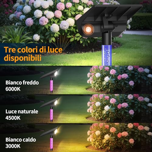 INTELAMP Outdoor Solar Spotlights, 3 Adjustable Light Colours (Peak) | 4000 mAh battery, waterproof IP65, ideal for garden, yard, paths, bushes