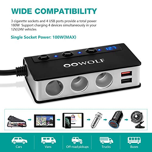 OOWOLF Cigarette Lighter Adapter Quick Charge 3.0 180W 12V/24V 3-Socket Splitter 4 USB Ports Car Power Adapter for GPS, Dash Cam, Sat Nav, Phone, iPad, Tablet, etc