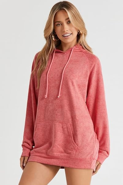 SHEWIN HOODIES FOR WOMEN CASUAL LONG SLEEVE DRAWSTRING SOLID HOODED SWEATSHIRTS LOOSE LIGHTWEIGHT OVERSIZED HOODIE FALL TOPS FOR WOMEN,US 16-18(XL),RED