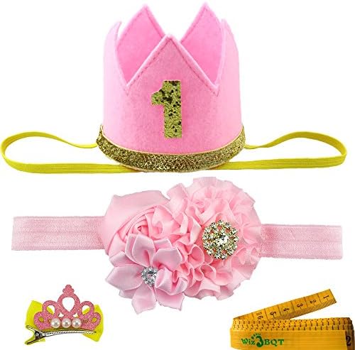 2 Pcs Pink Crown Shaped Cat Dog Pet 1 Year Birthday Headband and Flowers Hair Head Bands Accessories for Dogs Cats Pets (1 Year)