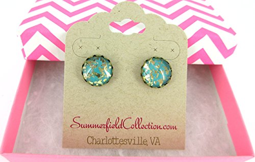 Antiqued Gold-tone Teal Blue Green Glitter Glass Stud Earrings Hand-painted 12mm - Thumbnail 2
