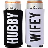 Pretty Robes Hubby and Wifey Slim Can Coolers Couples Collapsible Bottle and Can Sleeves Insulator Couples Can Cooler Set for Wedding, Engagement, Honeymoon, Anniversary, Bridal Showers