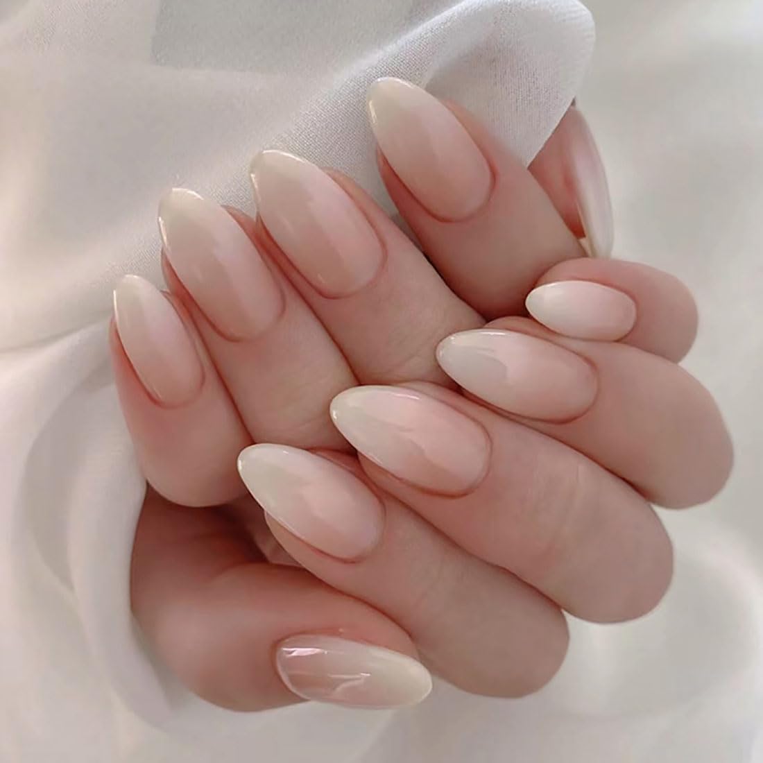 Cubahop 24pcs Almond Nude Gradient Nails Full Cover Gold Foil Glitter Powder Fake Nails Stick on Nails for Women and Girls (pink2)