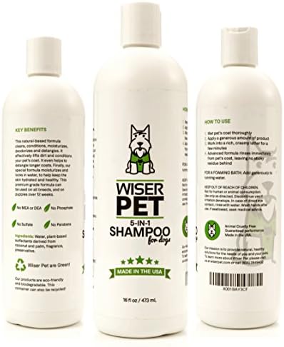 Natural Dog Shampoo - 5 in 1 luxury pet grooming shampoo &amp; conditioner. Hypoallergenic, eco friendly, kind to itchy, sensitive skin. Premium all natural dog wash leaves fur clean, fresh &amp; tangle free