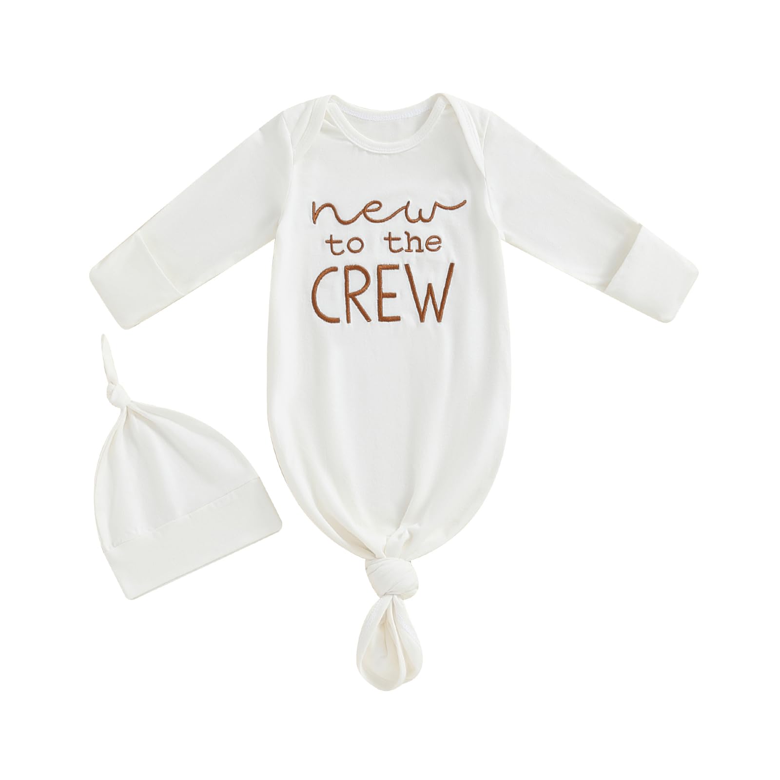Photo 1 of Ayalinggo Newborn Boy Girl Coming Home Outfit Baby Infant Sleeper Gown Nightgown Outfits Cute Fall Winter Pajamas and Hat (Knotted New to the Crew White, 0-3 Months)
