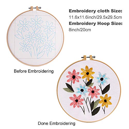 Embroidery Kit with Pattern, 2 Sets Embroidery Starter Kit with Instructions, Including Embroidery Clothes with Floral Pattern, Embroidery Hoop, Color Threads and Tools