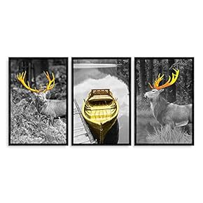 3 Panel Framed Canvas Wall Art for Living Room, Bedroom Deer with Gold Antlers Canvas Prints for Home Decoration Ready to Hang - 16"x24"x3 Panels