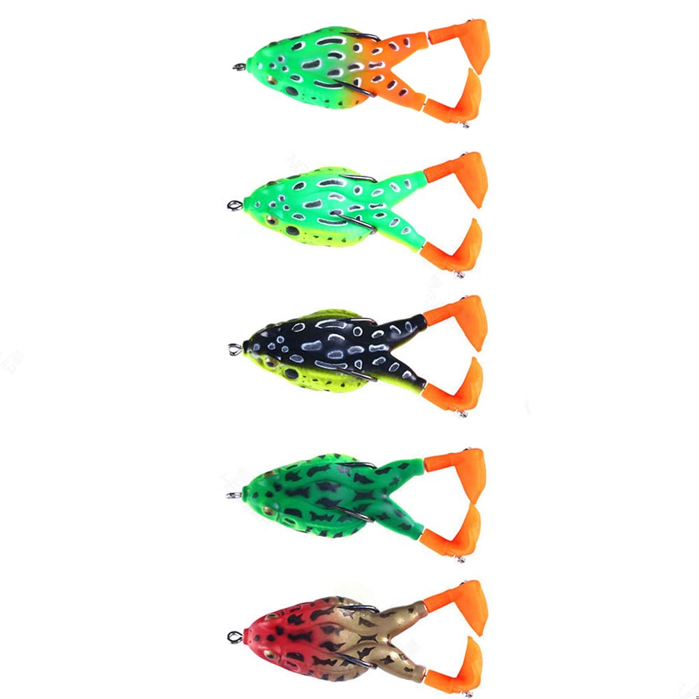 CENPEK 5pcs Frog Lures, Frog Crankbait Tackle, Frog Fishing Lures Soft Fishing Baits, Hollow Body 3D Eyes Frog Lure Weedless Swimbait with Hook for Bass Pike Snakehead Dogfish Salmon Musky
