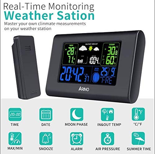ARINO Stazione Meteo con Sensore Esterno Wireless Stazione Meteorologica Professionale da Casa con Sveglia Digitale Allarme per Casa, Ufficio Colore Nero