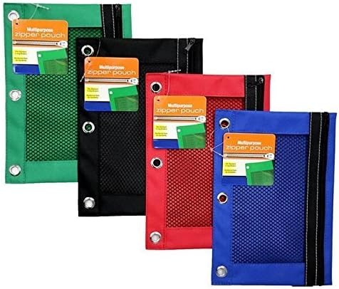 Kicko Pencil Case – 3 Ring Pouch with Mesh Window- Assorted Basic Colors Binder Pouch – 4 Pack Durable and Heavy Duty Pencil Holders – School Supplies, Office Products
