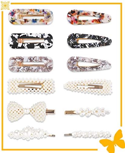 Women Girls Barrettes Hair Clips - 12 Pcs Set Pearls and Acrylic Resin Geometric Alligator Acetic Acid Hair Accessories Big Snap Hair Pin, Styling Fashion Cute Gifts