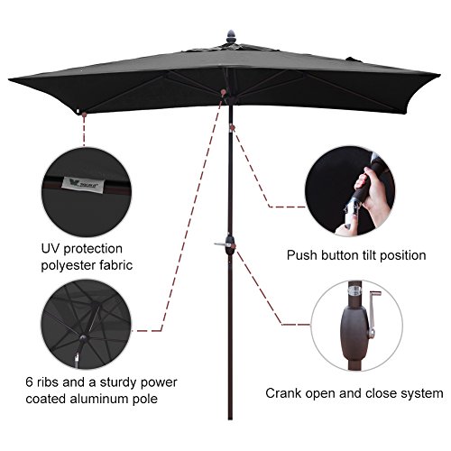 SORARA Patio Umbrella Rectangular Outdoor Market Table Umbrella with Push Button Tilt&Crank&Umbrella Cover, 6.5' x 10', Black