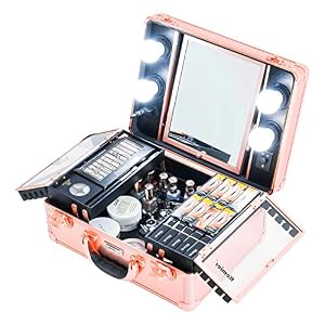 Image of Kemier Makeup Train Case - Cosmetic Organizer Box Makeup Case with Lights and Mirror/Makeup Case with Customized Dividers/Large Makeup Artist Organizer Kit (Rose Gold)