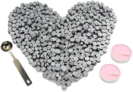 Silver Sealing Wax Beads 140 Pieces OCTAGON Wax Seal Beads Kit with a Wax Melting Spoon and 2 Pieces Candles for Wax Seal Stamp (Silver)