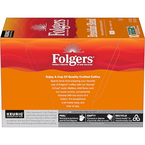 FOLGERS BREAKFAST BLEND COFFEE, MILD ROAST, KEURIG K-CUP PODS, 10 COUNT BOX