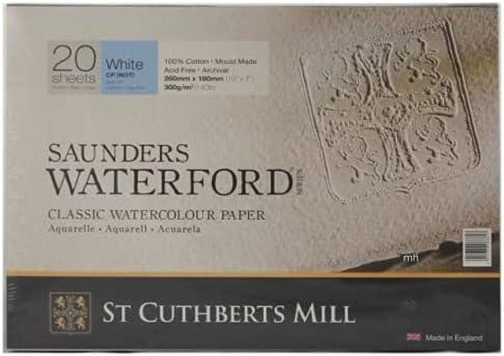 St Cuthberts Saunders Waterford Cold Pressed Block White 300gsm 310 x 230mm, 20 Sheets, Professional Watercolour Paper