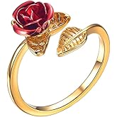 U7 Rose Flower Ring, Stackable Band Ring for Women Girls, Platinum Silver/Gold/Rose Gold Red Signet Rings Adjustable Fit Size 5 to 10