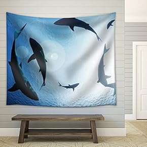 School of Sharks Circling from Above - Fabric Wall Tapestry Home Decor - 51x60 inches