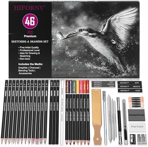 Lot de 46 crayons à dessin pour croquis, crayons à dessin, fournitures d'art avec crayons à charbon de couleurs, graphite, charbon, outils de mélange, accessoires, kit de dessin pour