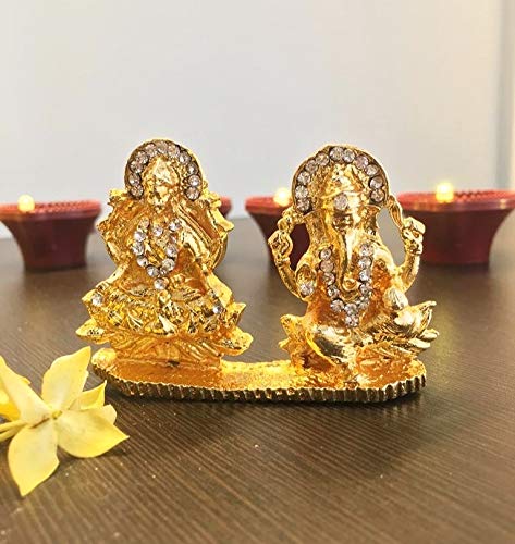 Itiha Goddess Lakshmi/Shri Lakshmi/Goddess of Wealth with Ganesha/Ganpati Golden Statue for Home Temple or Car Dashboard - 2.5 inch