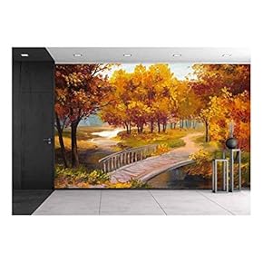 Oil Painting - Autumn Forest with a River and Bridge Over The River, Bright Red Leaves, Colorful - Removable Wall Mural | Self-Adhesive Large Wallpaper - 66x96 inches