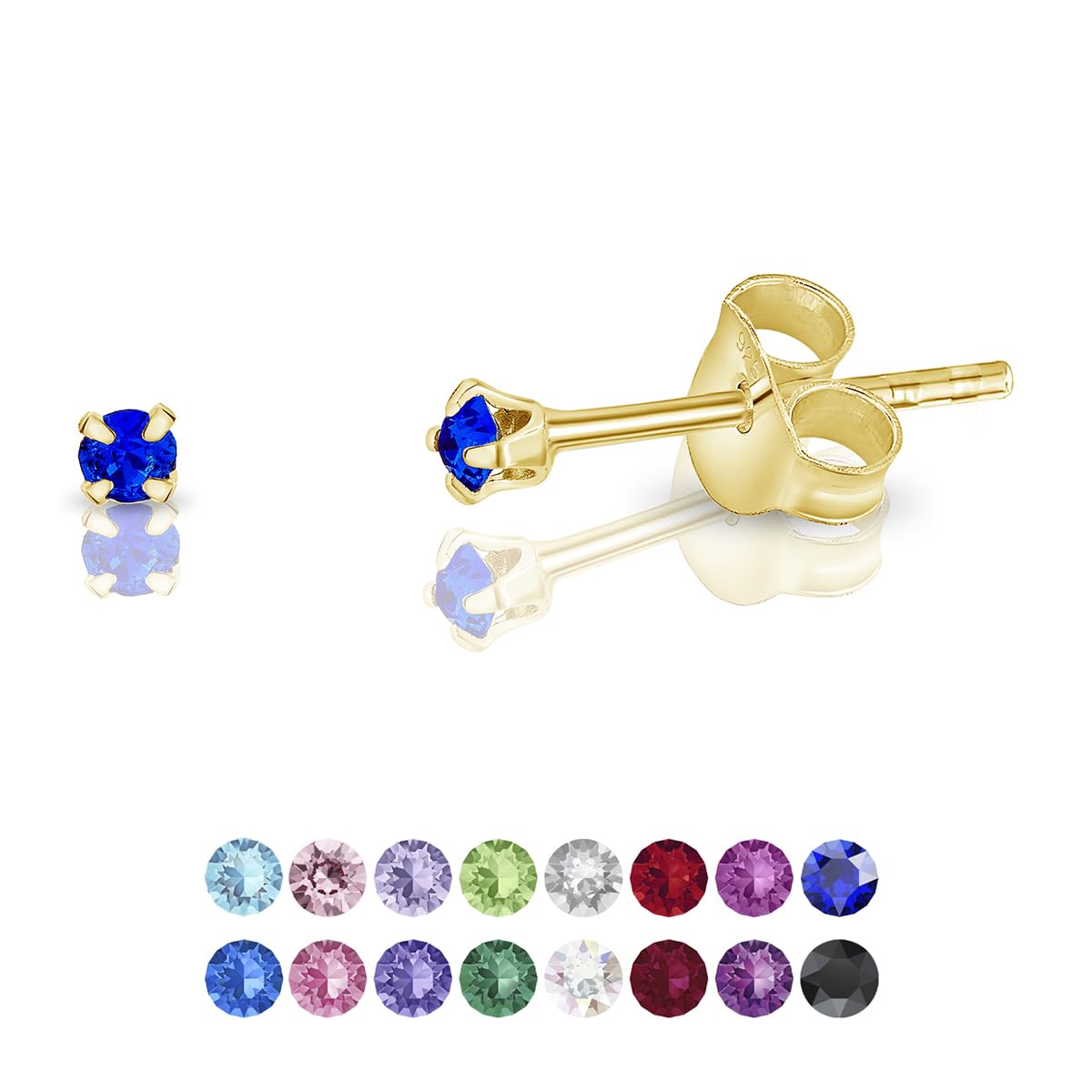 DTPSilver - 925 Sterling Silver Yellow Gold plated Round TINY Stud Earrings made with Glittering Crystals from Swarovski® Elements - Diameter: 2 mm - Colour : Majectic Blue
