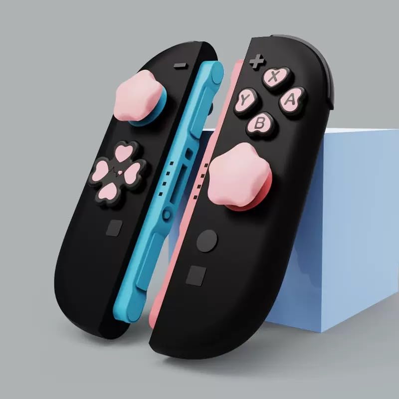 Peziang Switch 2 Cute Star 3D Soft Silicone Thumb Grip Caps Button Covers Set, Cross D-Pad & ABXY Button Stickers, Compatible with Nintendo Switch 2 Console, Black/Pink