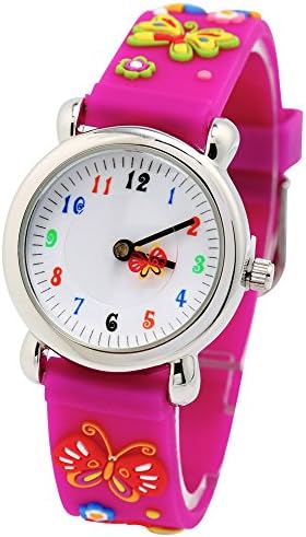 RUIWATCHWORLD Analog Kids Watch Butterfly Pattern Rose Red Silicone Band