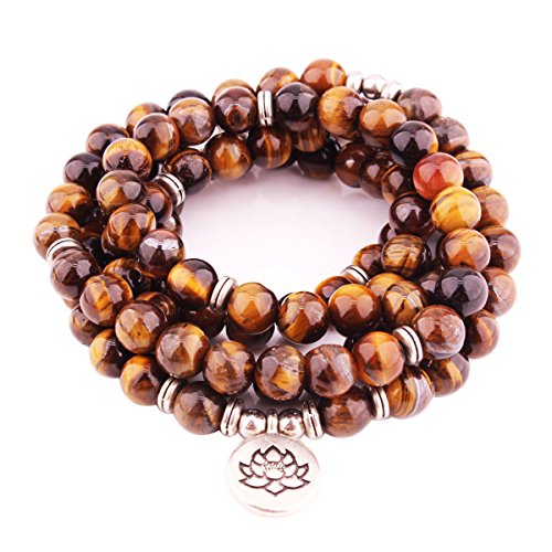 GVUSMIL 8mm Mala Beads Wrap Bracelet Necklace 108 Tiger Eye Bead for Yoga Charm Bracelet Natural Gemstone Jewelry for Women Men