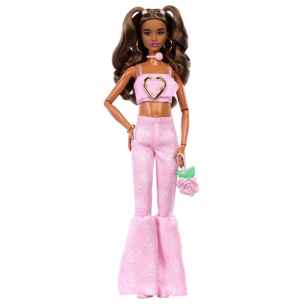 Barbie Deluxe Style Doll #12 in Pink Denim Crop Top with Matching Rose Print Flare Jeans, Wavy Brown Hair, Accessories like Rose Handbag and Jewelry, JJN72