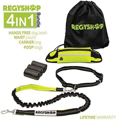 Hands Free Dog Leash - for Running, Walking, Dual Handle Leash, Adjustable Belt, Shock Absorbing Bungee, includes Poop Bags, Waist Belt, Carrier Bag by REGYSHOP