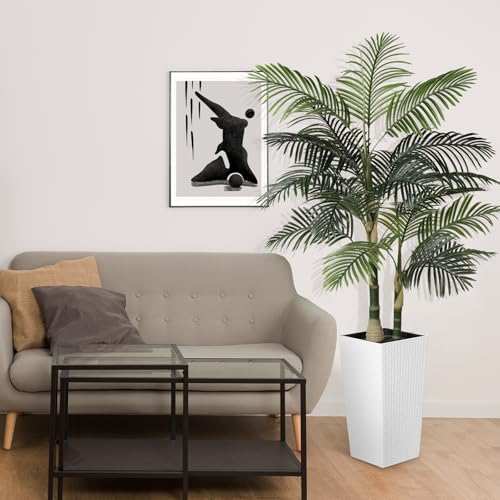 PHYTREE Artificial Palm Tree 6ft - Fake Palm Tree with White Tall Planter - Faux Plants with Realistic Trunk and Palm Leaves for Indoor Home Office Decor