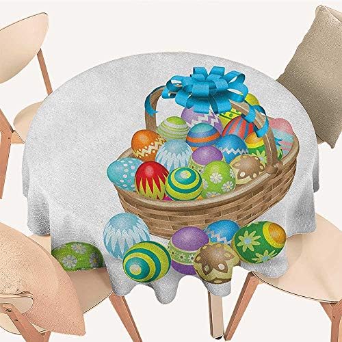 longbuyer Easter Table Cover Basket of Colorful Ornamental Eggs with a Blue Ribbon Spring Season Easter Holiday Round Tablecloth D 60" Multicolor