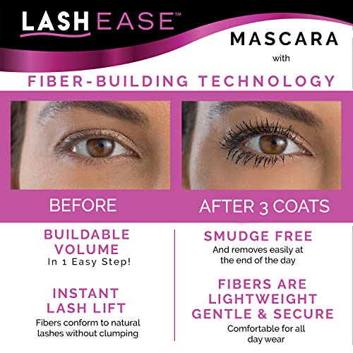 Lash Ease One Step Fiber Building Mascara- Black, Buildable Volume, Lengthens Natural Eyelashes, Lightweight, All Day Wear, 0.38oz