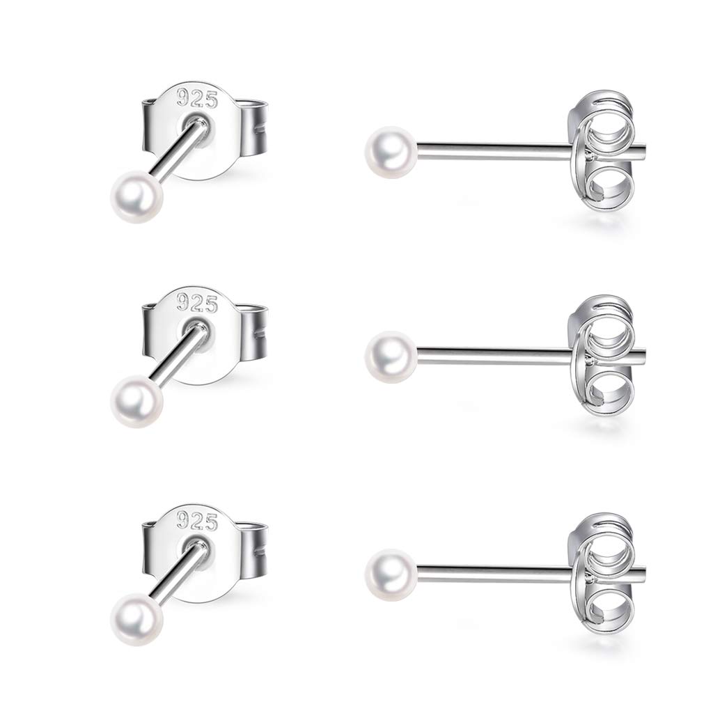 CERSLIMO 3 Pairs Sterling Silver Stud Earrings for Women Girls 2mm Tiny Pearl Stud Earrings Set Cartilage Small Tragus Earrings for Sensitive Ears