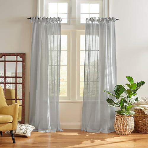 Elrene Home Fashions Cottagecore Tie-Top Sheer Window Curtain, Poly-Linen Blend, Dusty Blue, 52 in x 95 in (1 Panel)