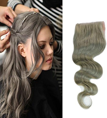 4*4 inch Brazilian Virgin Hair Body Wave Grey Hair Top Lace Closure 3 Way Part Bleached Knots For White Women 10"-24" (18")