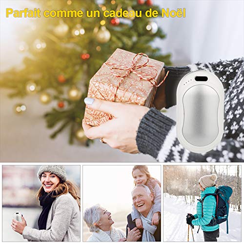 Chauffe -Mains Rechargeable USB, 10000mAh Chauffe Mains de Proche Electrique, Utilisé comme Batterie Externe/Massage/Lampe de Proche, Parfait comme Cadeaux d\'hiver (Argent)