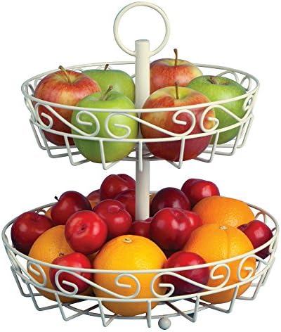 Cream 2-tier fruit basket stand with FREE melon baller. A stunning centerpiece for the countertop. Open fruit metal basket keeps fruit fresher for longer.
