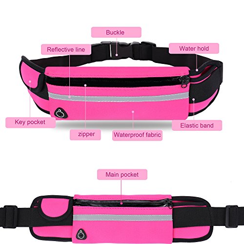 Running Belt,Adjustbale Fitness Belt with Water bottle, Waterproof Reflective Zipper Waist Pack for Runners, Race, Marathon, Hiking … (Pink)