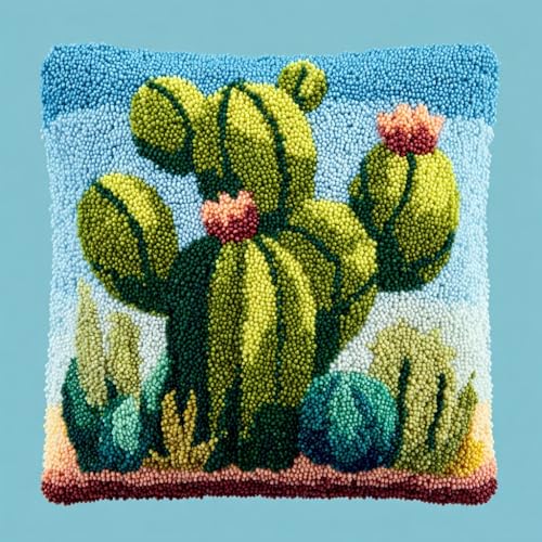 Latch Hook Pillow Kit Cute Cactus Bloom with Light Background with Pre-Printed Pillow Cover DIY Pillowcase Crochet Yarn Hooking Craft Set for Hobby and Home Decor 43x43cm-2
