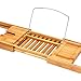Ollieroo Natural Bamboo Bathtub Caddy with Extending Sides Adjustable Book Holder Tray Organizer for Phone and Wineglass