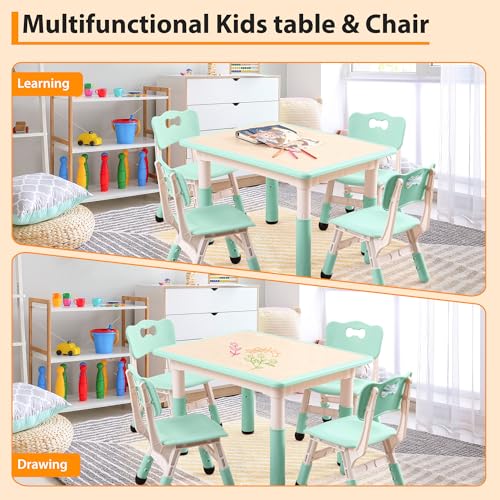 Garvee Kids Table and 4 Chairs Set, 5-Piece Height Adjustable Toddler Table with Graffiti Wipe-Clean Desktop, Non-Slip Legs & Storage Organizer, Preschool Activity Desk for Ages 2-6