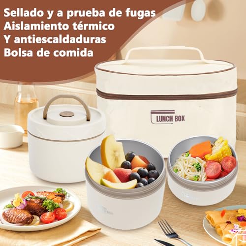 Caja Térmica de Acero Inoxidable 304 con Tapa, multifunción, portátil, redondo, con bolsa térmica, color beige, para el Trabajo, la Escuela, Comedor Al Aire Libre 4 unidades