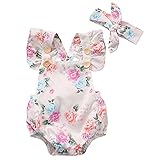 XWDA Baby Girls Romper Cotton Floral Print Newborn Infant Baby Jumpsuits Bodysuits Outfit with Headband