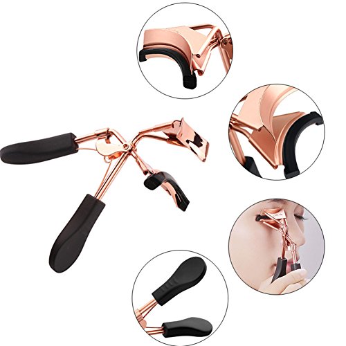 WOKOTO Rose Gold Protable Eyelashes Curler Tweezers Curling Eye Lashes Clip Cosmetic Beauty Makeup Tool With Rose Gold False Eyelashes Applicator Tweezers Set