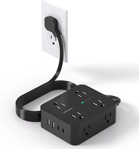 Surge Protector Power Bar, Flat Plug Extension Cord with Multiple Outlets | Power Strip with 8 AC & 4 USB Ports(2 USB C), 5FT, Wall Mount, Charging Station for Home Office Dorm Room Essentials, Black