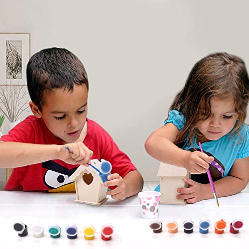 2 Pack Wooden DIY Bird House Kits for Kids, Crafts Wood Arts for Boys Girls Ages 3-8, Unfinished Bird House for Kids to Build and Paint(12 Paints+ 2 Brushes)